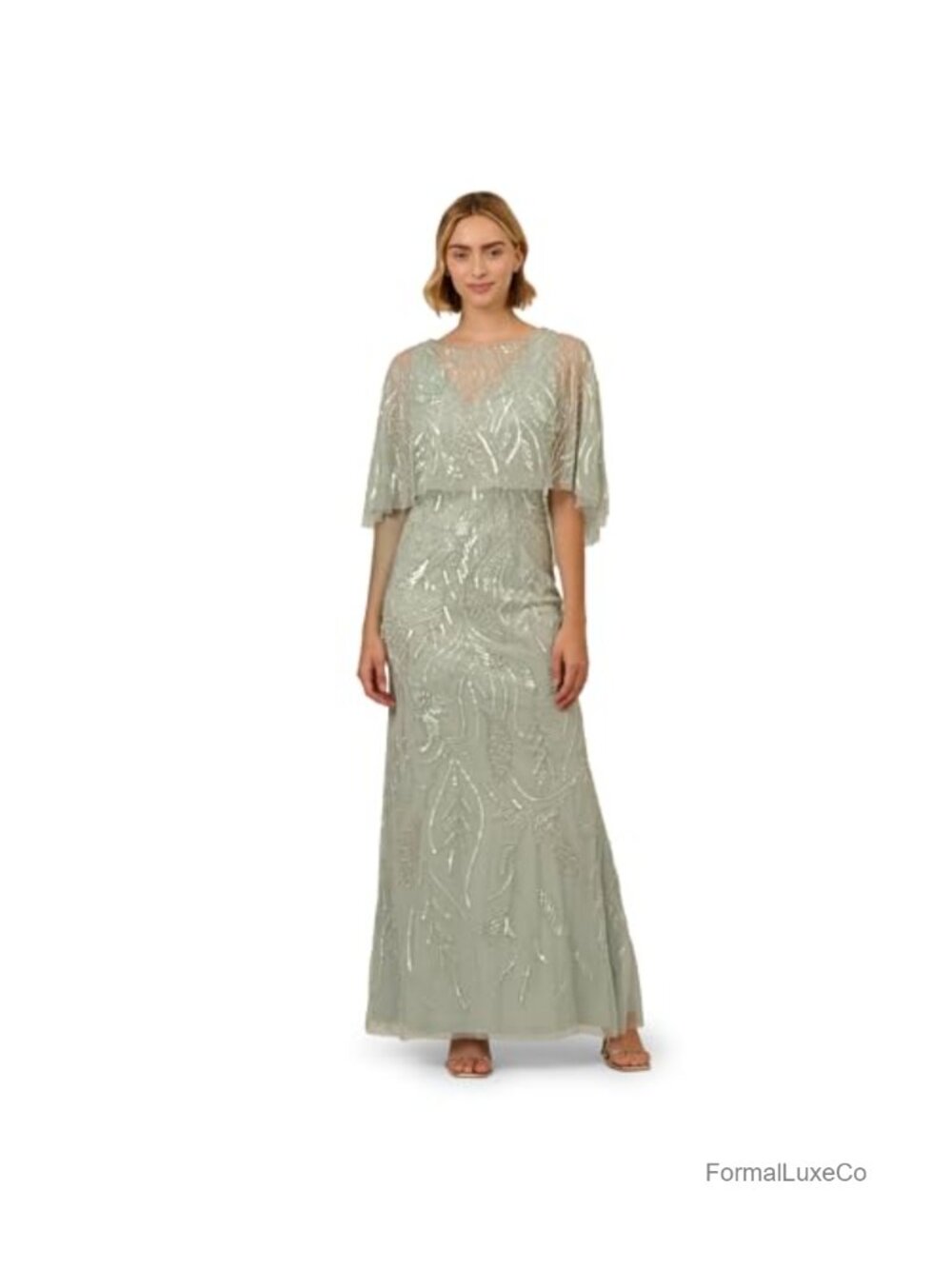 Cape Beaded Mermaid Gown Boat Neck Zipper Back Evening Dress